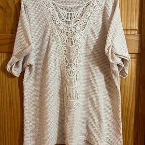 Lace-Detail Waffle Knit Women's Top - Cream